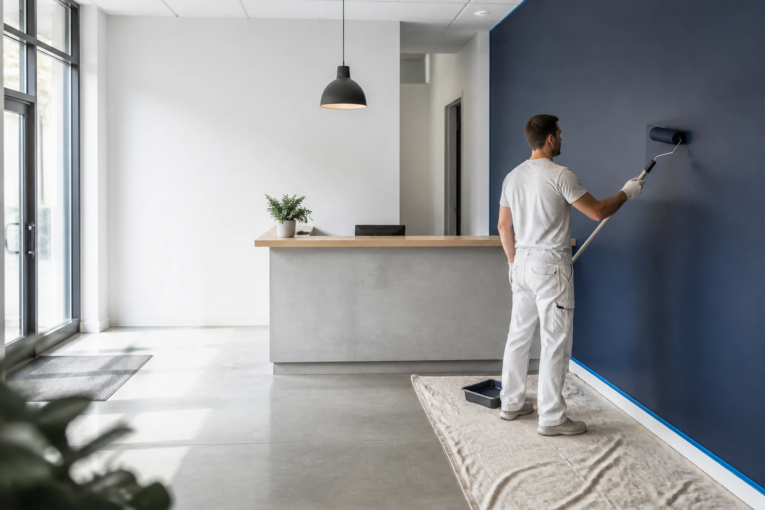 Professional painter applying a deep navy accent wall in a modern commercial reception area