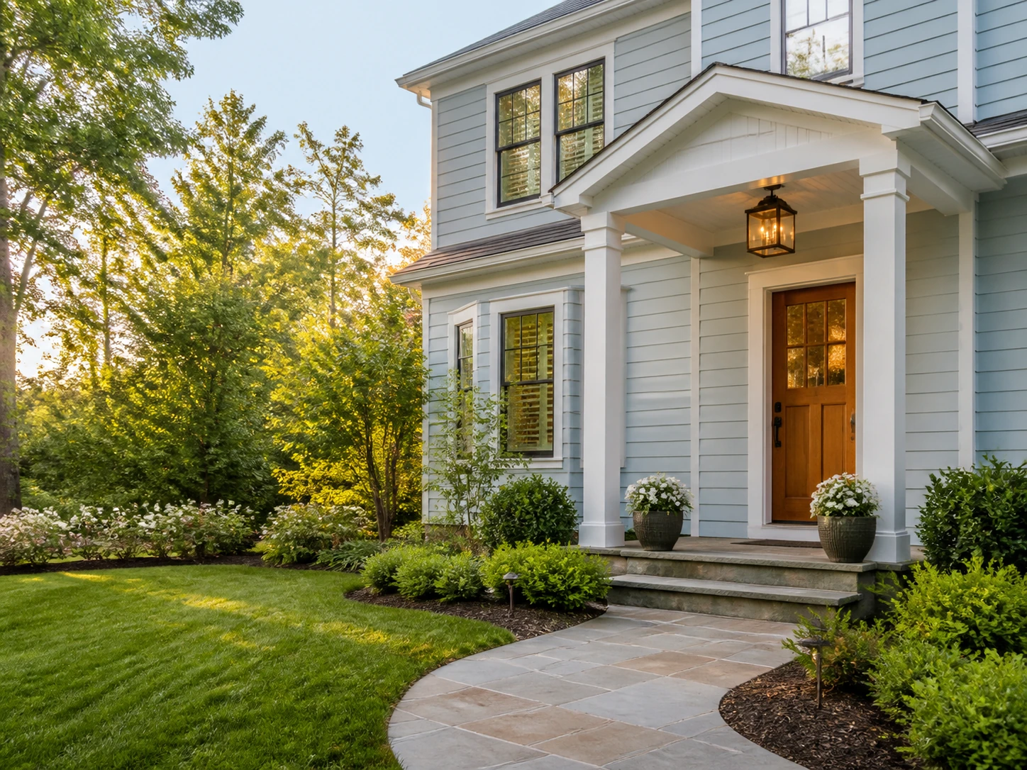 Freshly painted pale blue-gray home exterior with crisp white trim