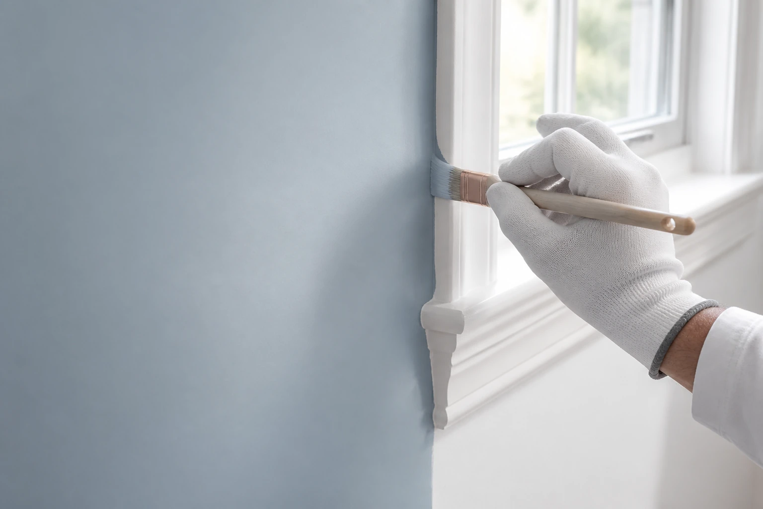 Gloved hand carefully painting a clean edge along white window trim
