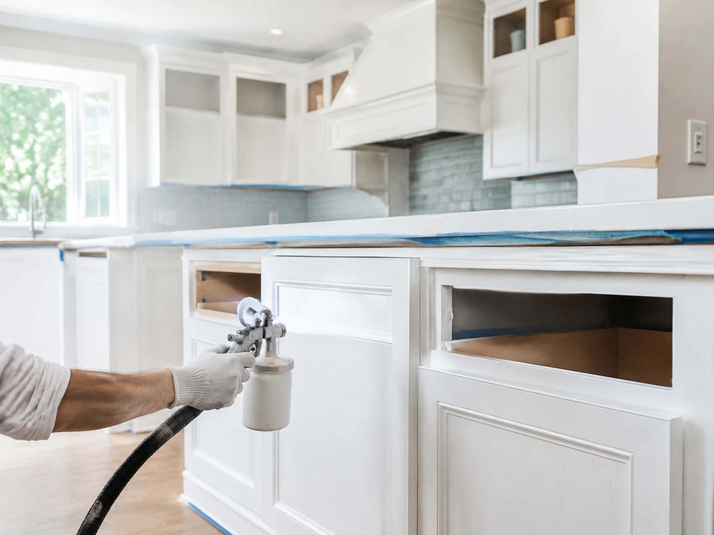 Kitchen cabinets being professionally refinished with a paint sprayer