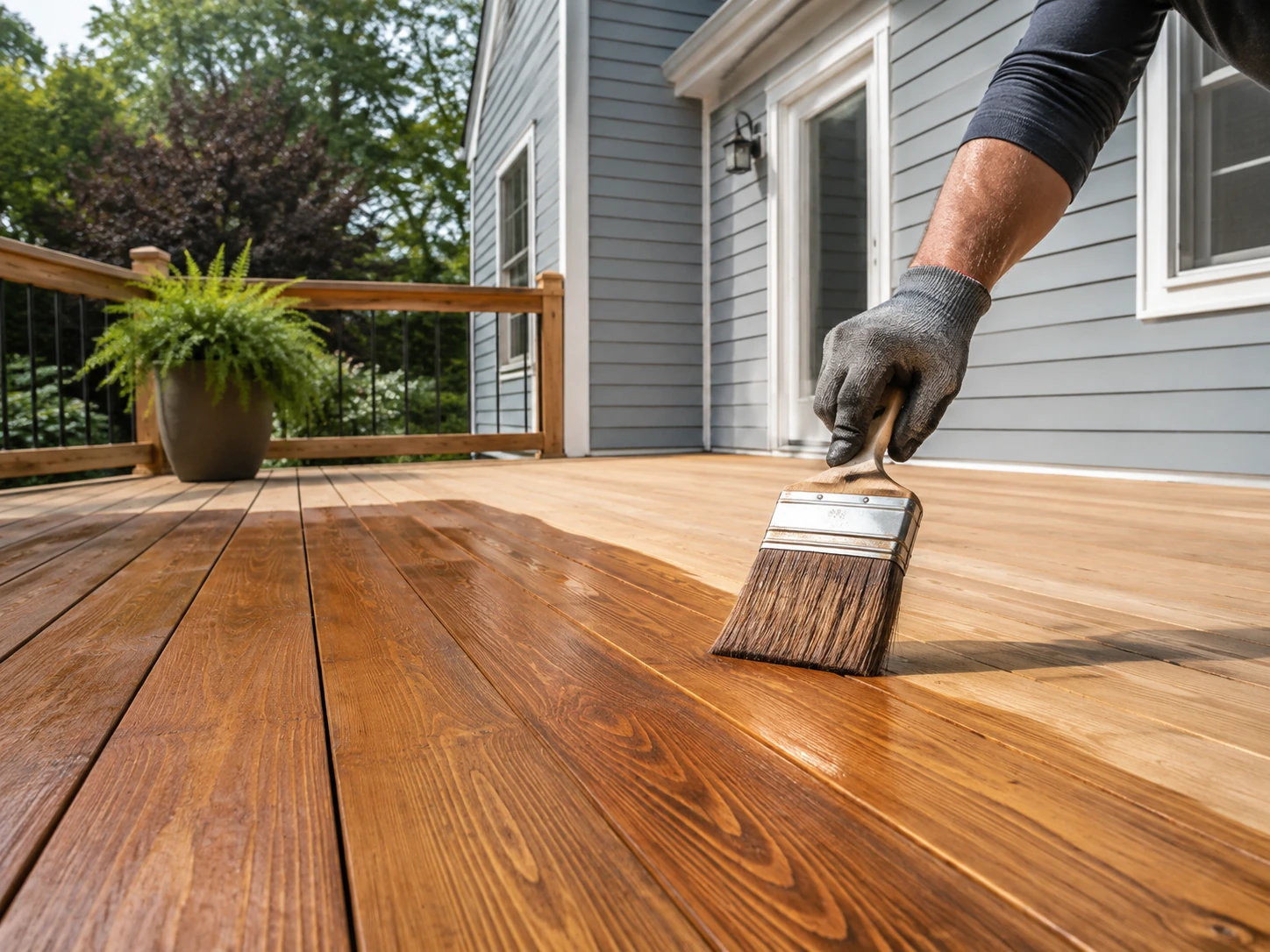 Wooden residential deck being carefully stained with a wide brush